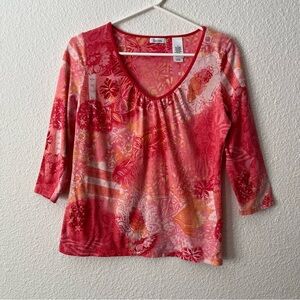 Liz & Co Top Multi-color Floral 3/4 Sleeve V-Neck Sz M